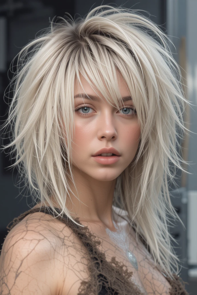 Platinum Blonde Shag with Voluminous Layers and Side-Swept Bangs