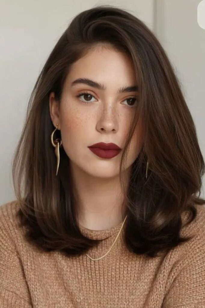 Polished Dark Brown Layered Haircut with Side-Swept Volume