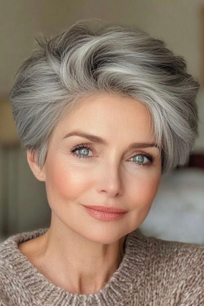 Polished Silver Sweep-Over Pixie with Soft Volume