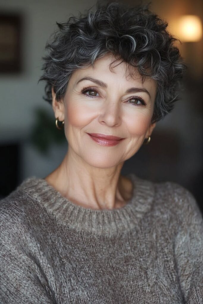 Salt-and-Pepper Curly Pixie with Soft Texture
