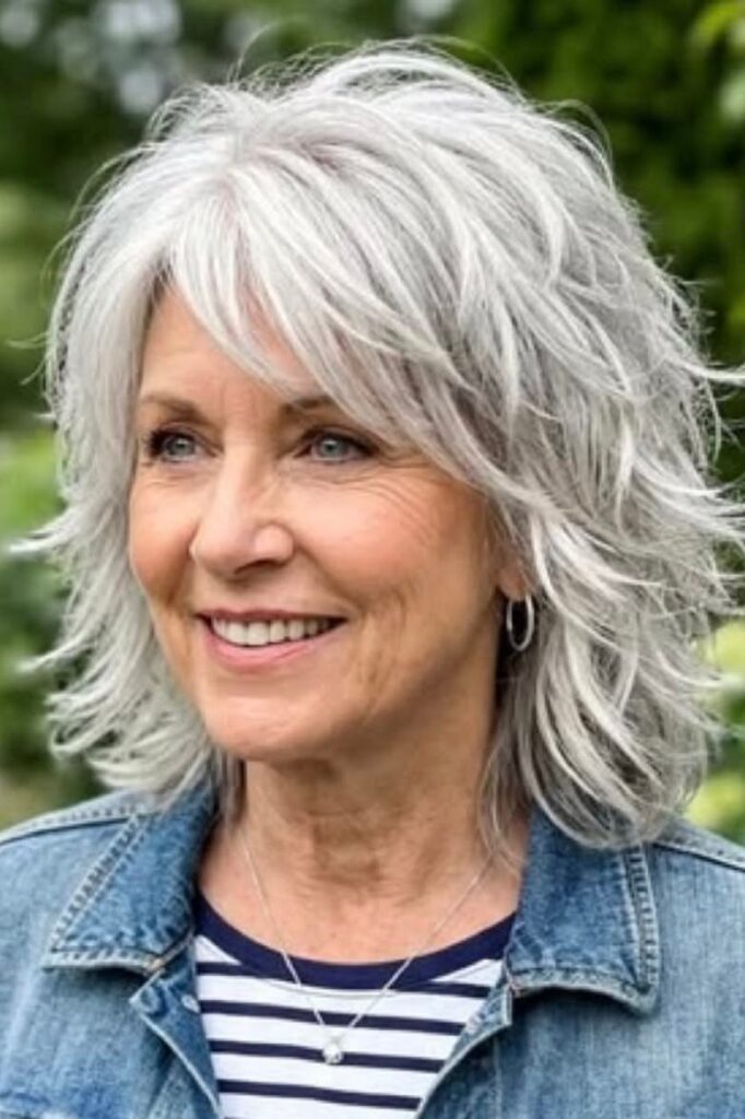 Salt-and-Pepper Shaggy Bob with Side-Swept Layers