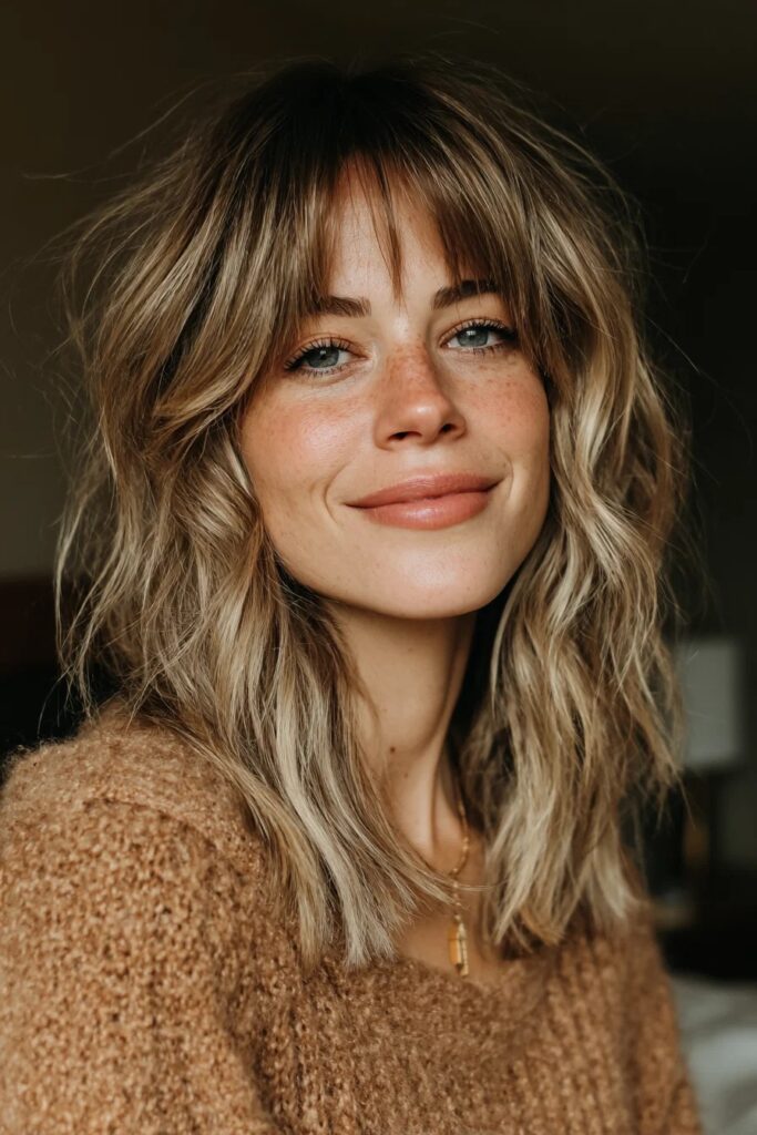 Shaggy Layered Bob with Full Bangs and Highlights