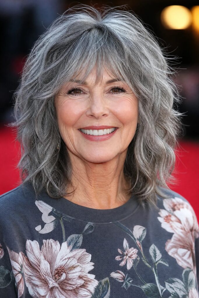 13. Shaggy Shoulder-Length Layered Cut with Full Bangs
