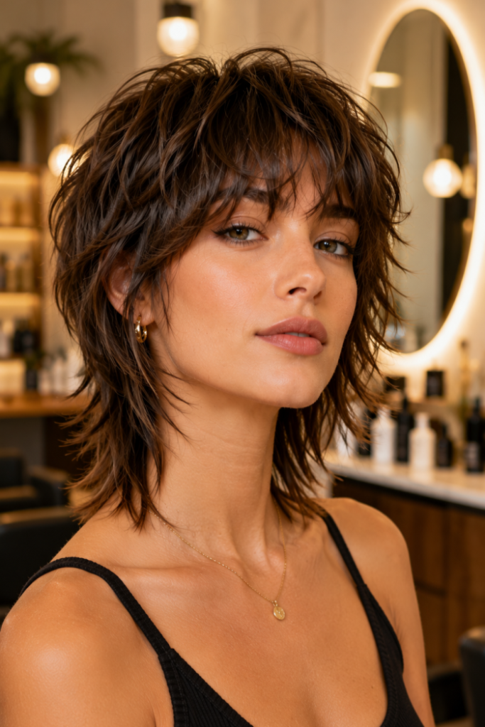 Short Chocolate Brown Shaggy Bob with Piece-y Layers
