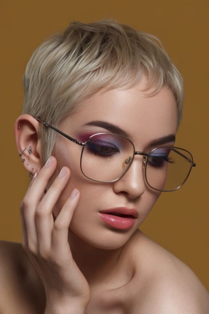 Short Cropped Pixie with Soft Blonde Tones and Multicolored Eye Makeup