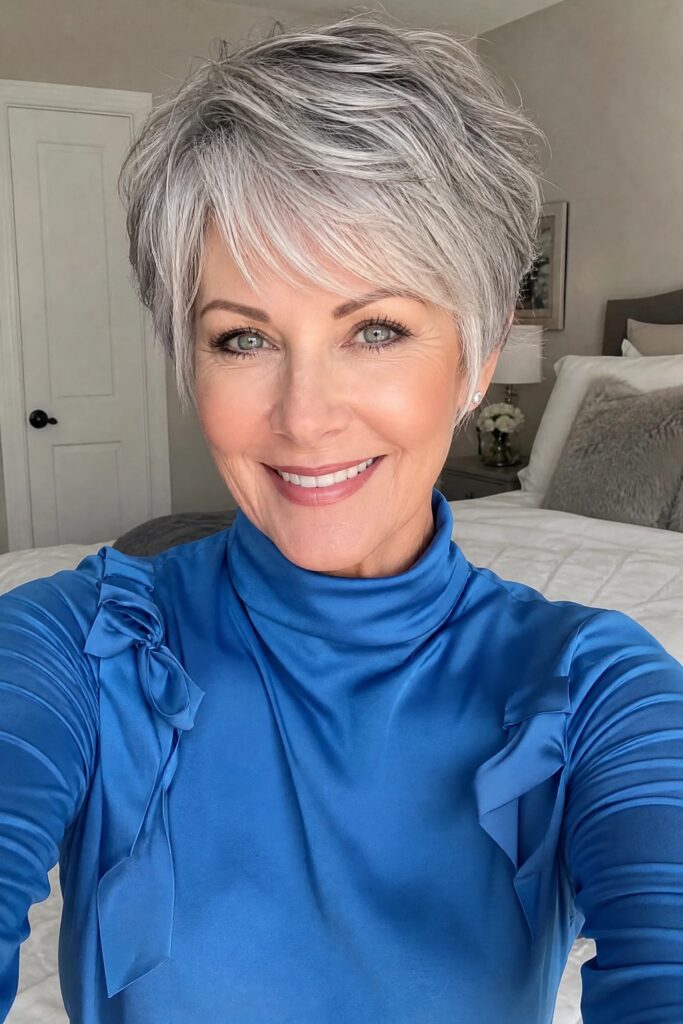 12. Short Cropped Silver Pixie with Soft Side-Swept Fringe