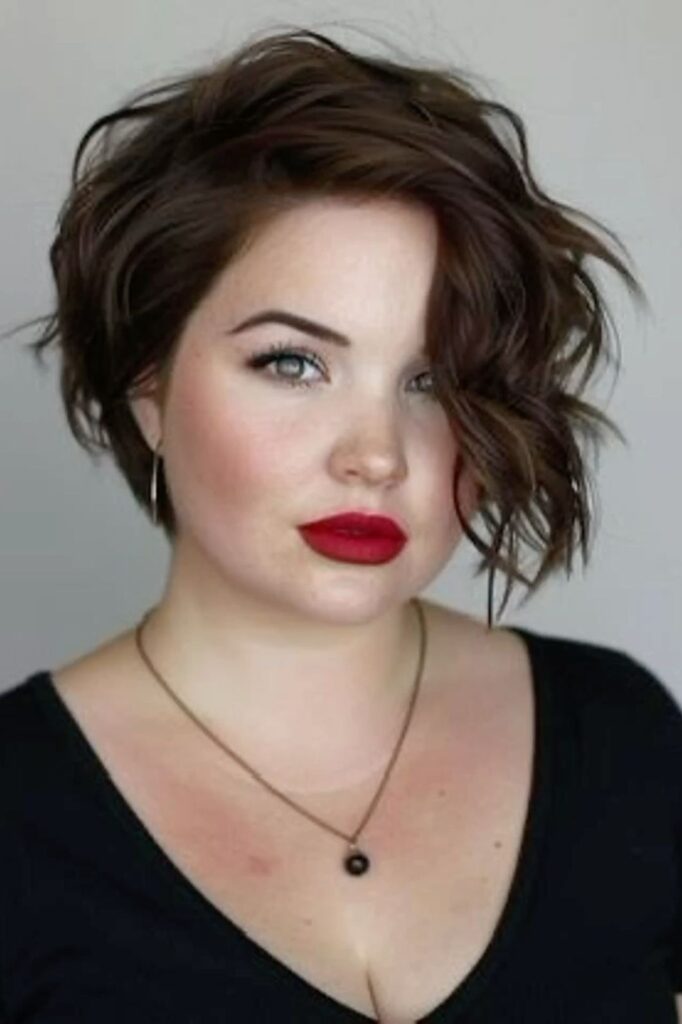 52. Short Layered Wavy Bob with Side Parting