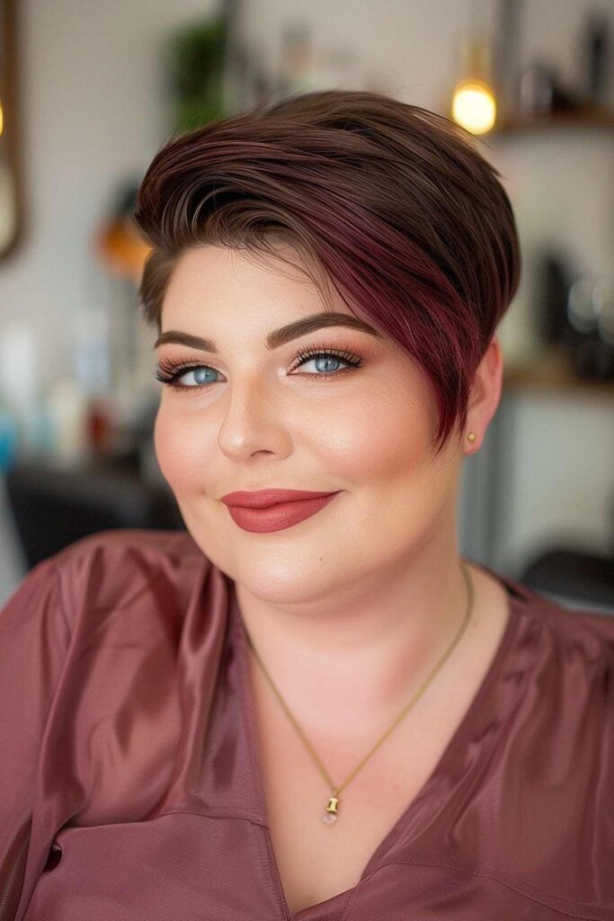 44. Short Pixie with Magenta Highlights and Deep Side Part