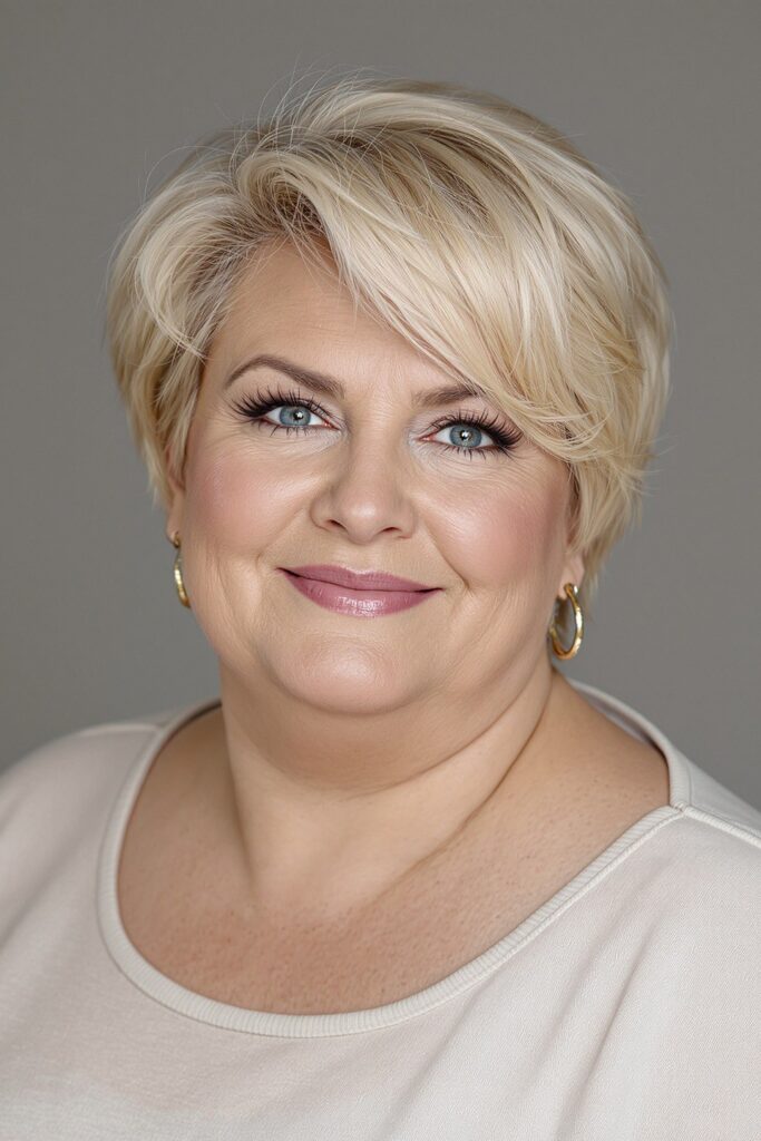 Short Platinum Blonde Pixie Cut with Side Bangs