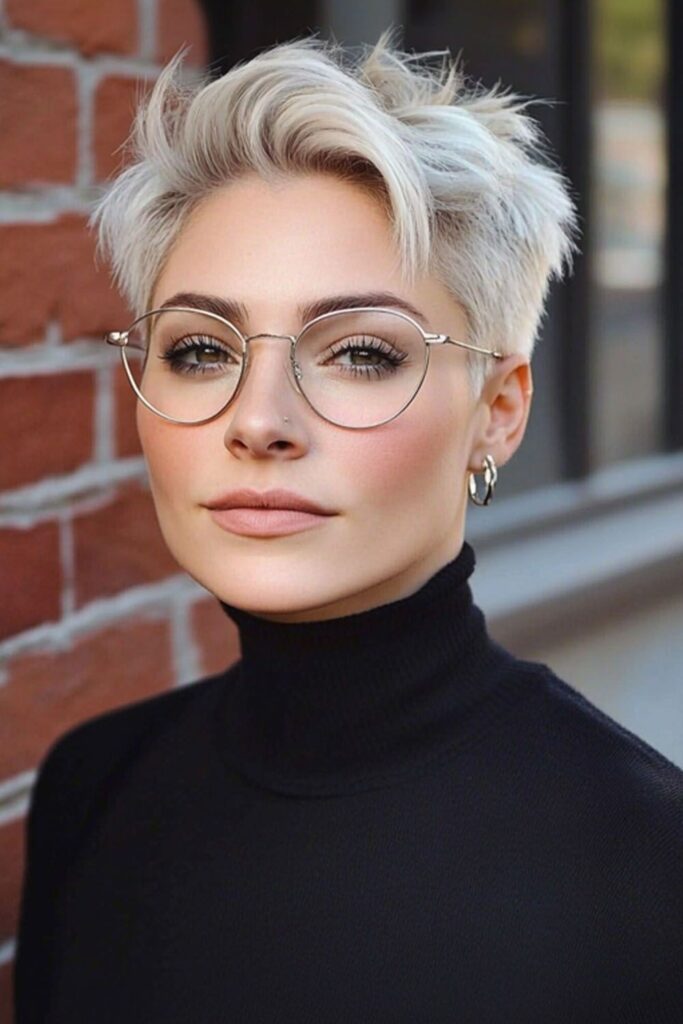Short Platinum Blonde Pixie with Tousled Top Texture