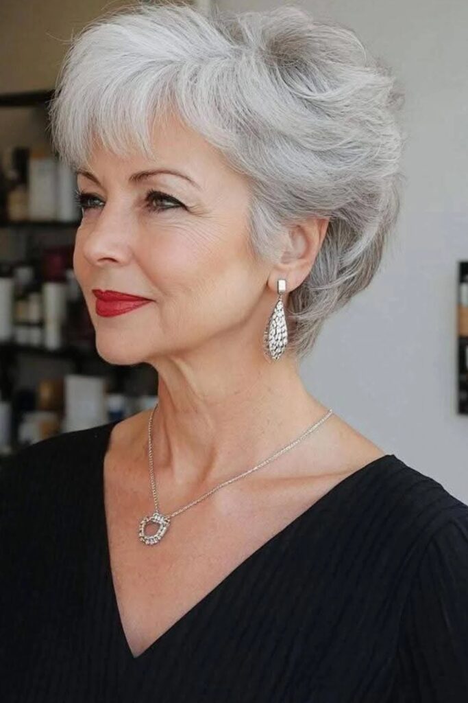 Short Silver Layered Bob with Side-Swept Bangs