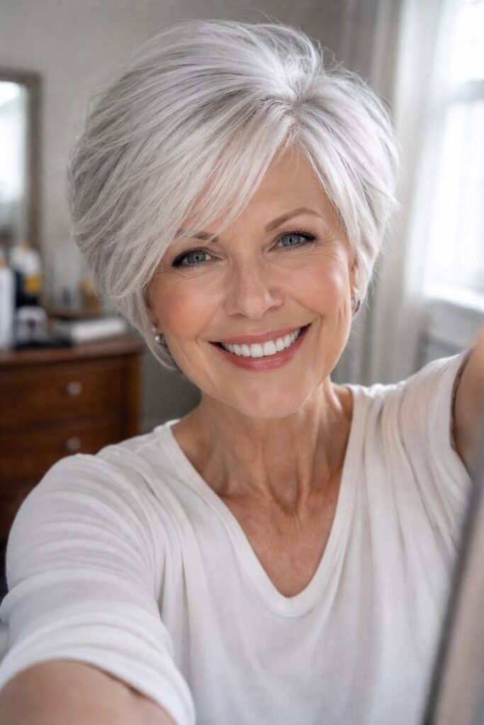 30. Short Textured Silver Pixie Bob with Side-Swept Bangs