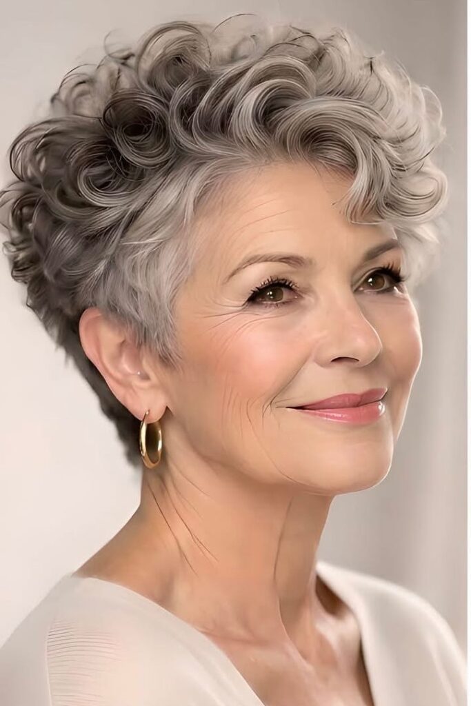 Short Voluminous Curls with Soft Silver Highlights