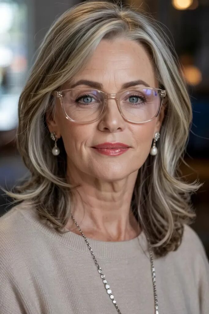 Shoulder-Length Layered Cut with Soft Silver Highlights and Glasses