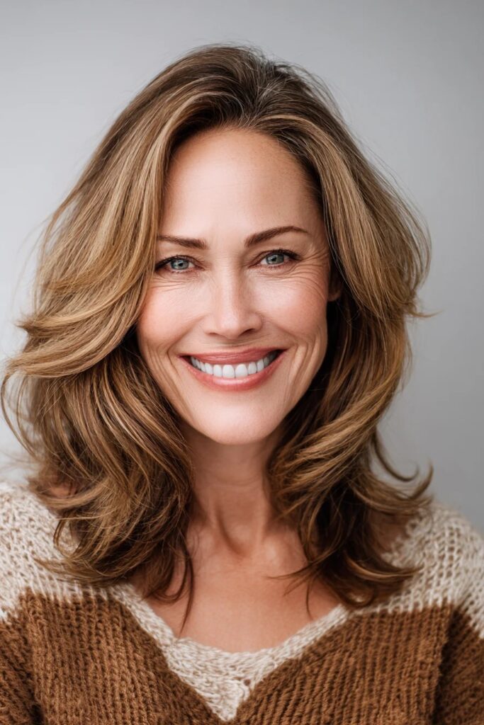 Shoulder-Length Layered Hairstyle with Warm Caramel Highlights
