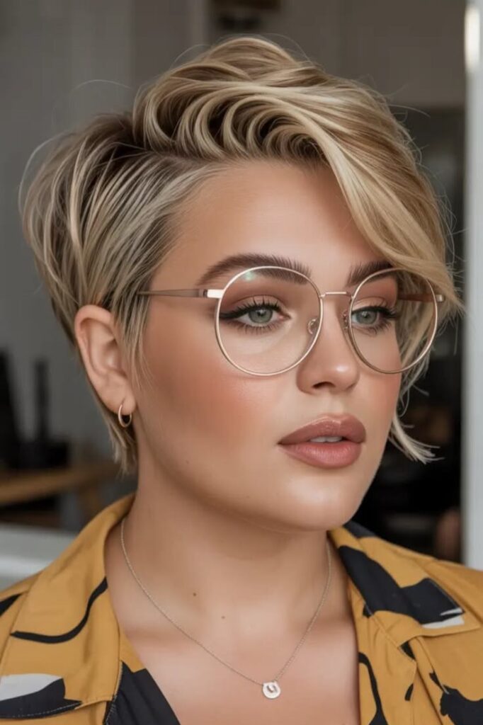 Side-Swept Blonde Pixie Cut with Soft Face-Framing Layers