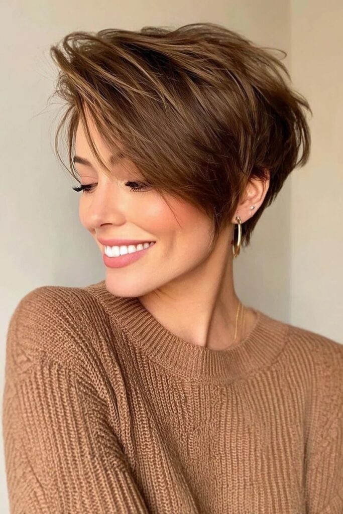 Side-Swept Layered Brunette Pixie Cut with Golden Highlights