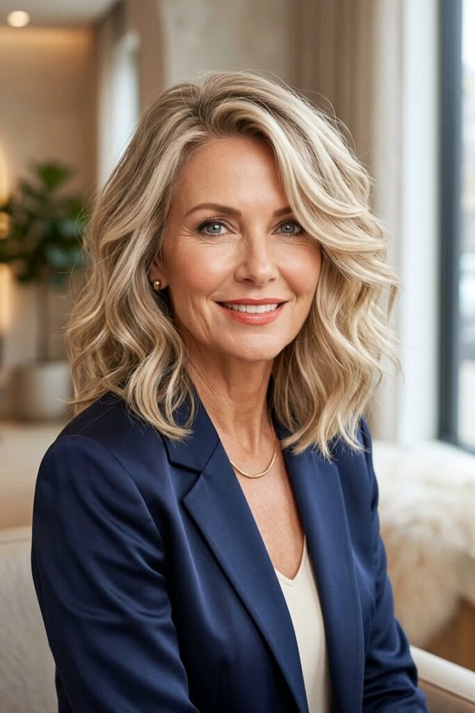 Side-Swept Voluminous Waves in Bright Blonde