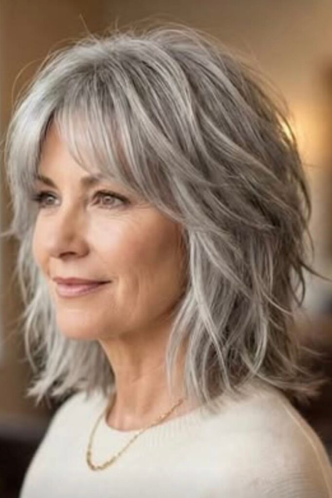 Silver Gray Shaggy Layered Bob with Soft Bangs