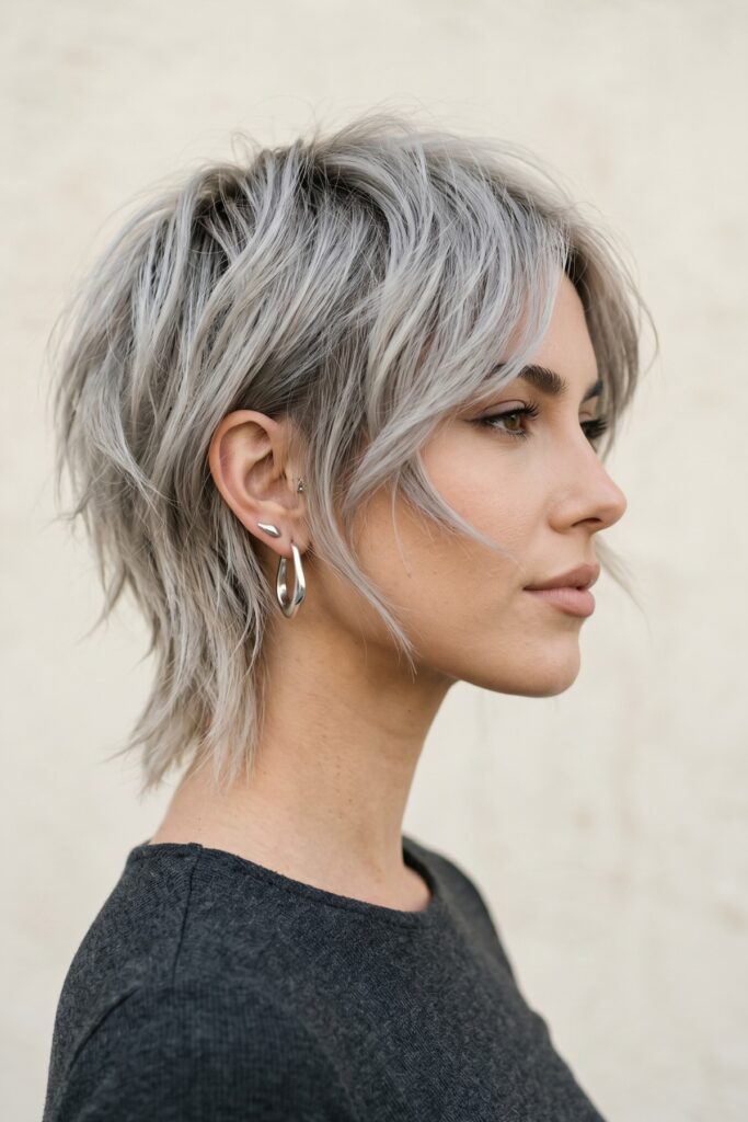 Silver Gray Textured Shag Cut with Face-Framing Layers
