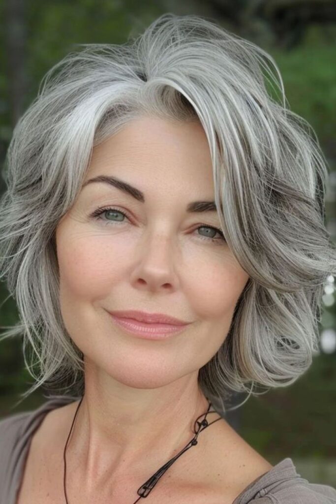 Silver Layered Bob with Voluminous Curled Ends