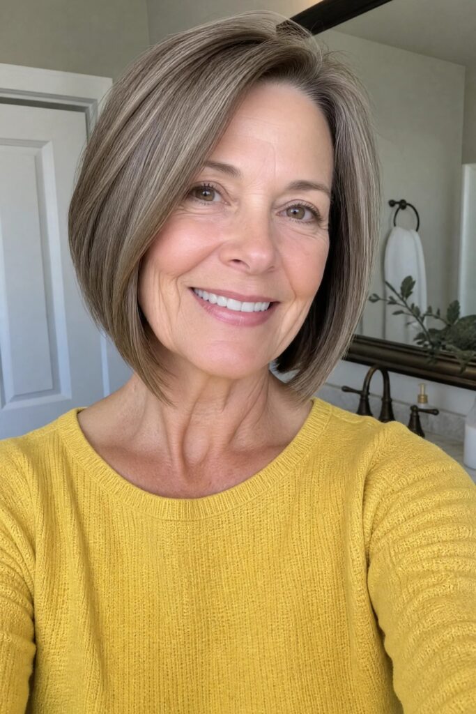 19. Sleek Brown-Gray Bob with Rounded Ends