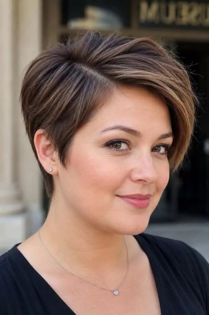 46. Sleek Brown Pixie Cut with Side Part