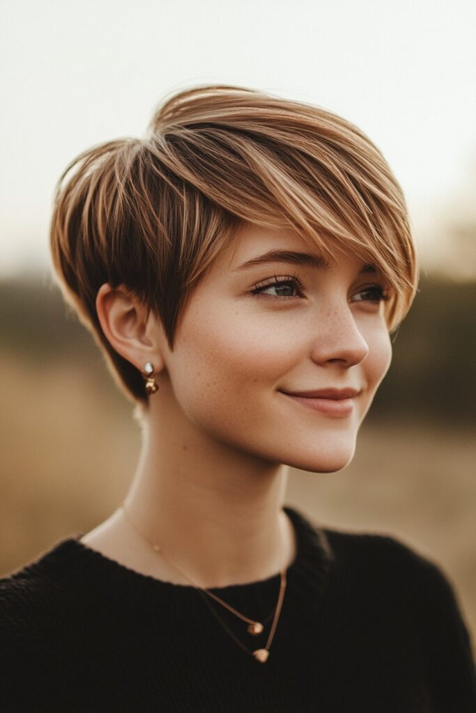 Sleek Brown Pixie Cut with Soft Side-Swept Bangs