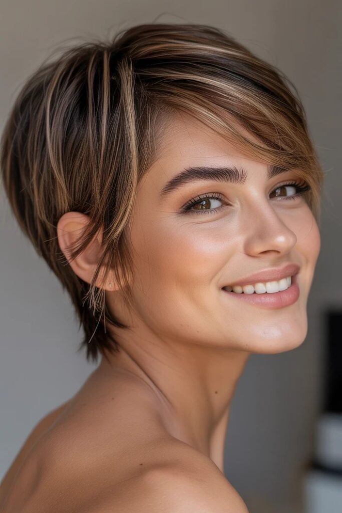 Sleek Brown Pixie Cut with Subtle Blonde Highlights