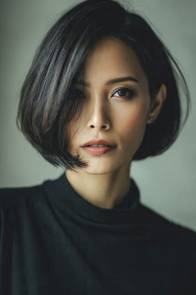 Sleek Dark Bob with Side-Swept Fringe