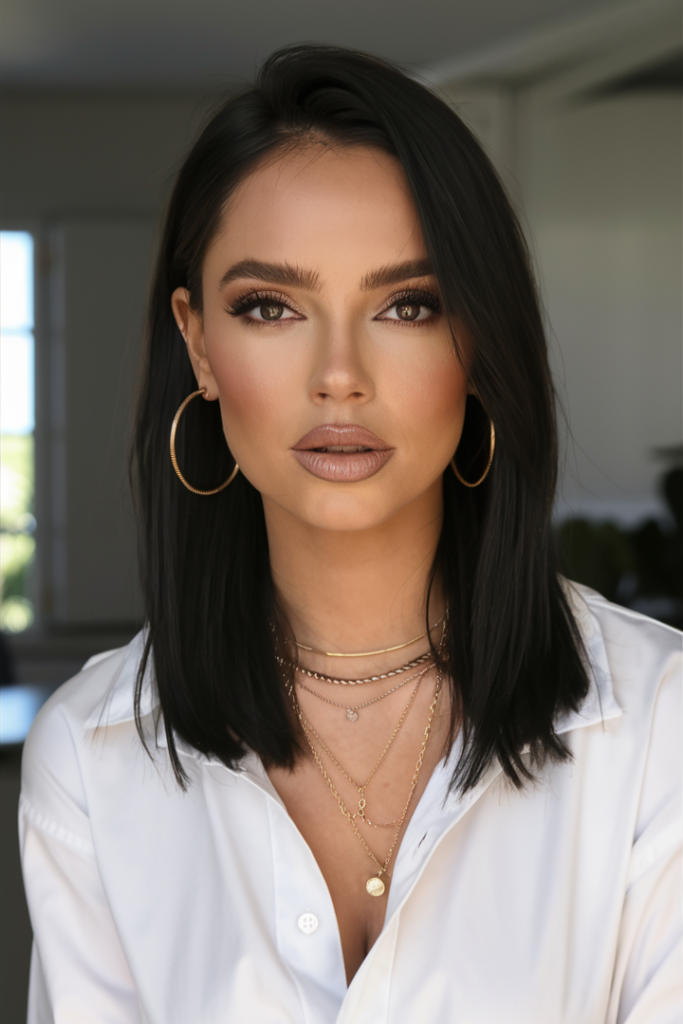 Sleek Dark Mid-Length Hair with Center Parting