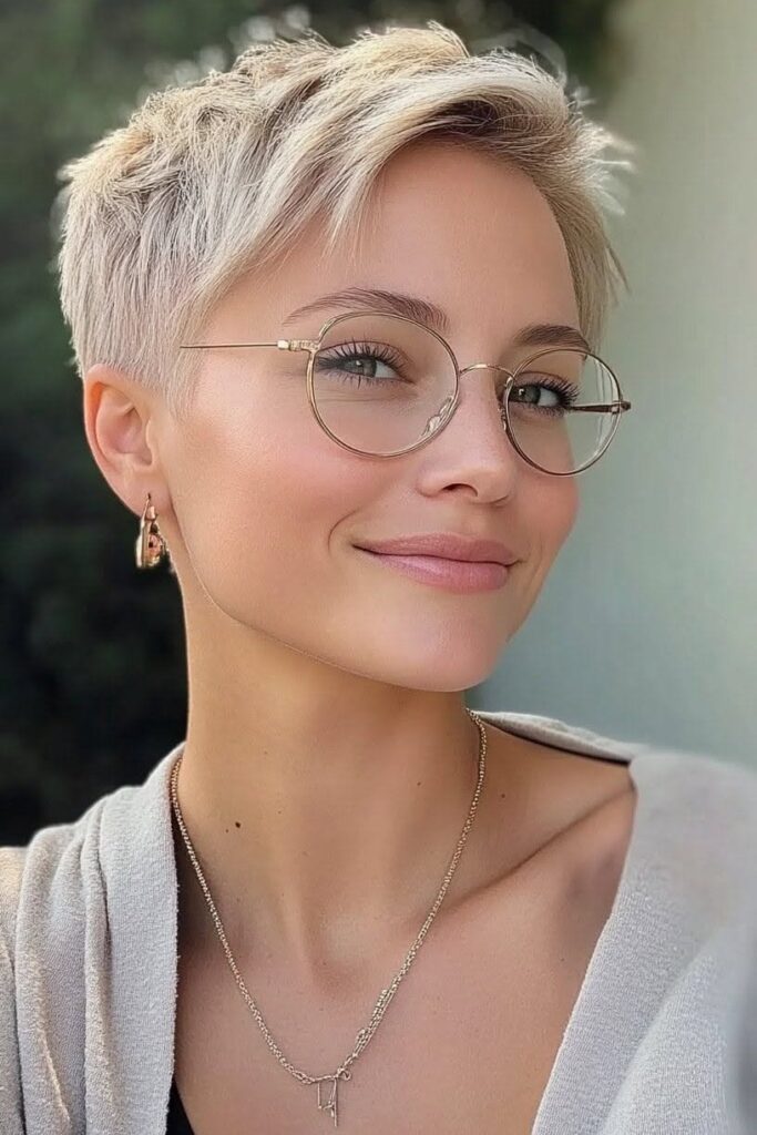 Sleek Platinum Pixie Cut with Side-Swept Bangs