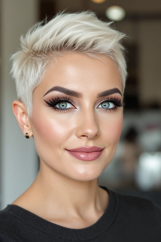 Sleek Platinum Pixie Cut with Textured Crown