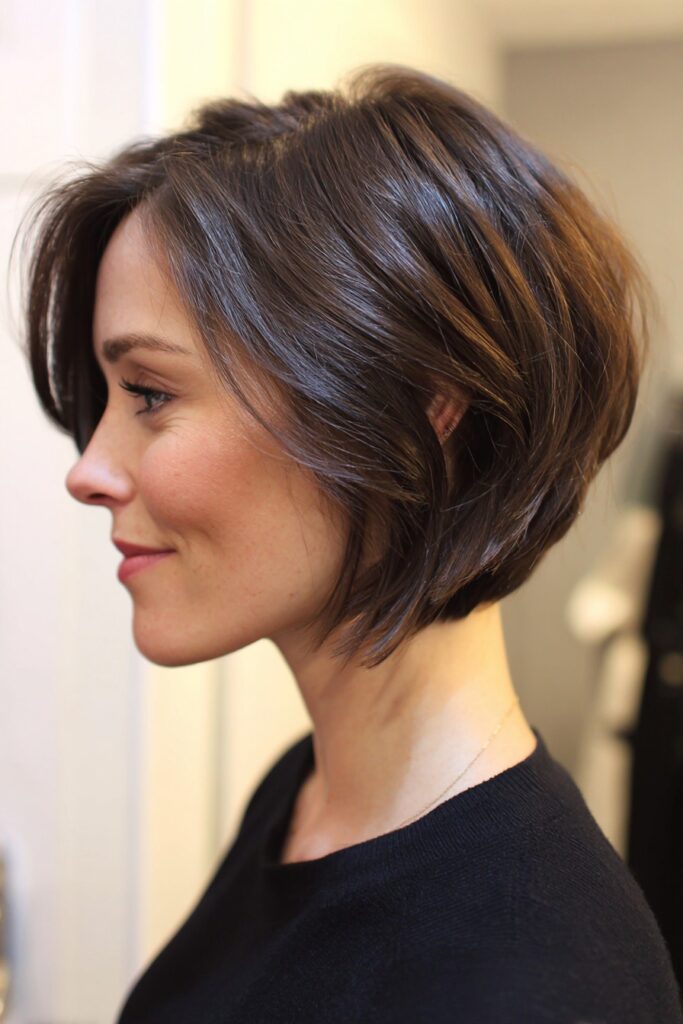 Sleek Rounded Dark Brown Bob with Side-Swept Layers