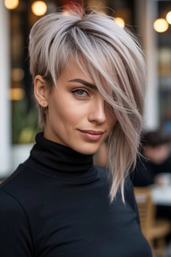 Sleek Silver-Blonde Asymmetrical Pixie with Long Side Fringe