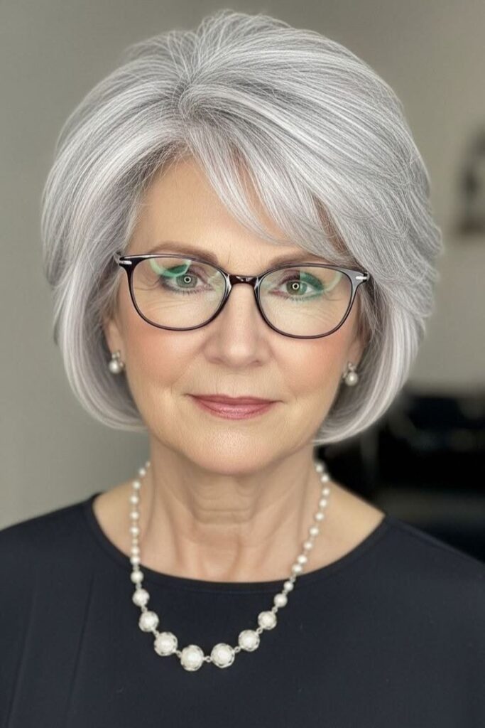 1. Sleek Silver Bob with Soft Side-Swept Bangs