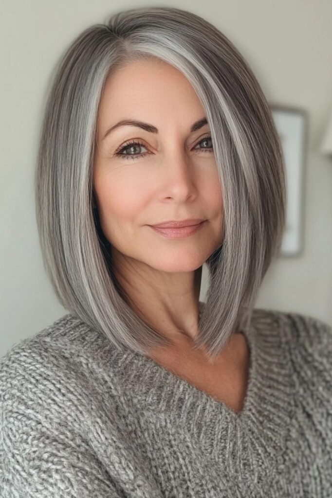 Smooth Silver Angular Bob with Side Part