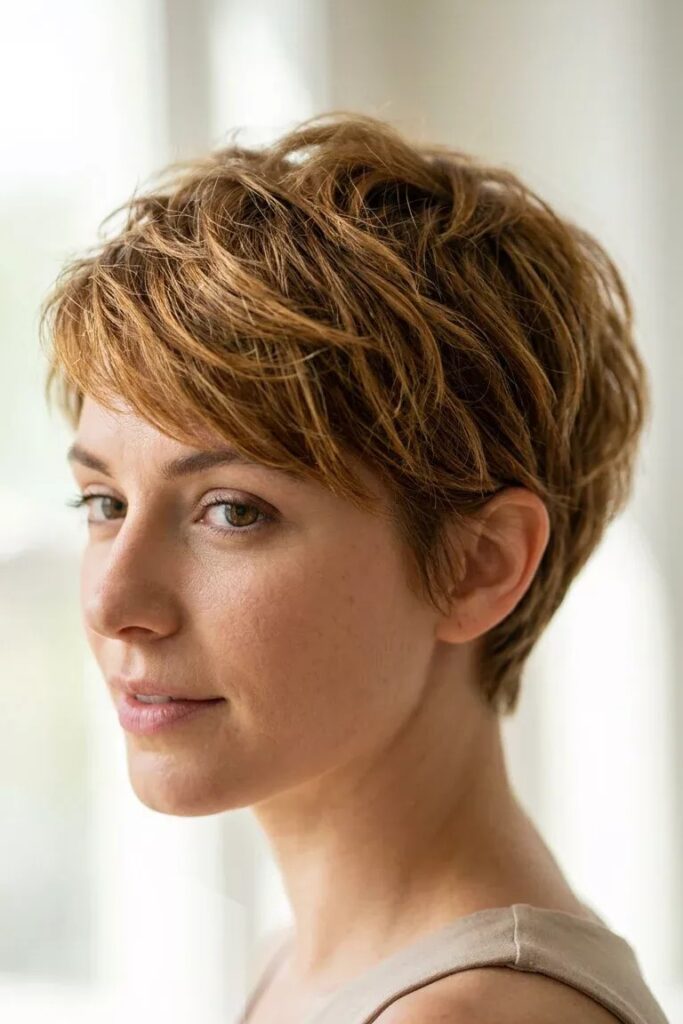 Soft Amber Brown Textured Pixie Cut
