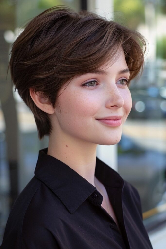 Soft Brown Layered Pixie Cut with Natural Parting