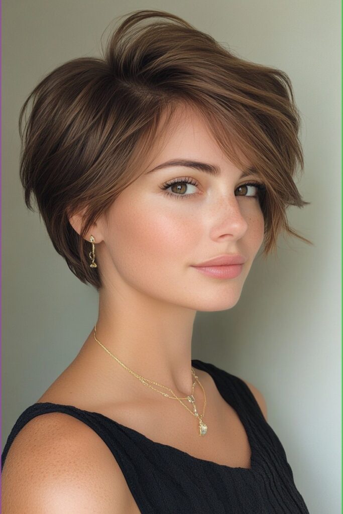 Soft Brown Pixie Cut with Gentle Side Part and Natural Layers