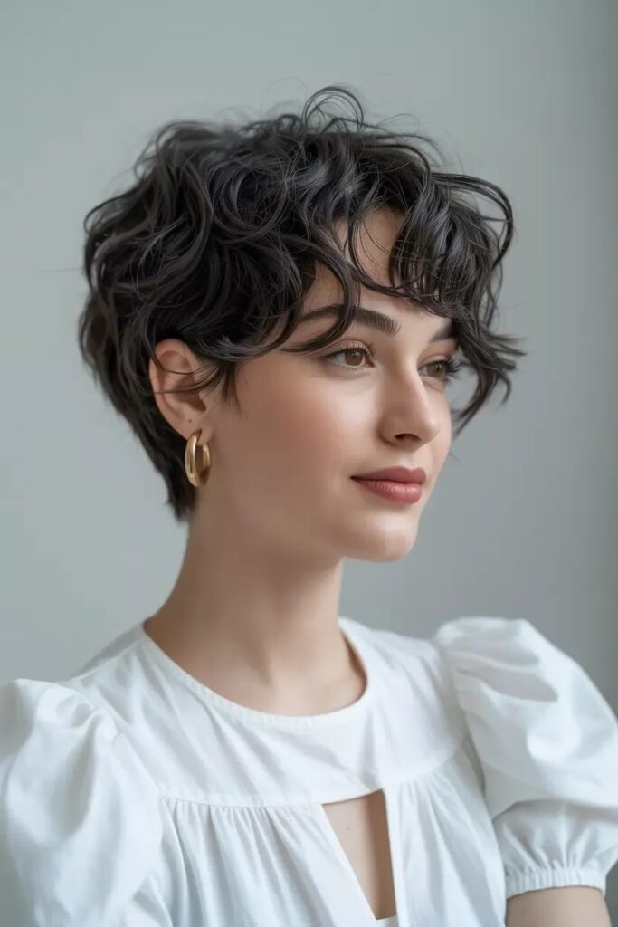 Soft Curly Pixie Cut with Side-Swept Bangs