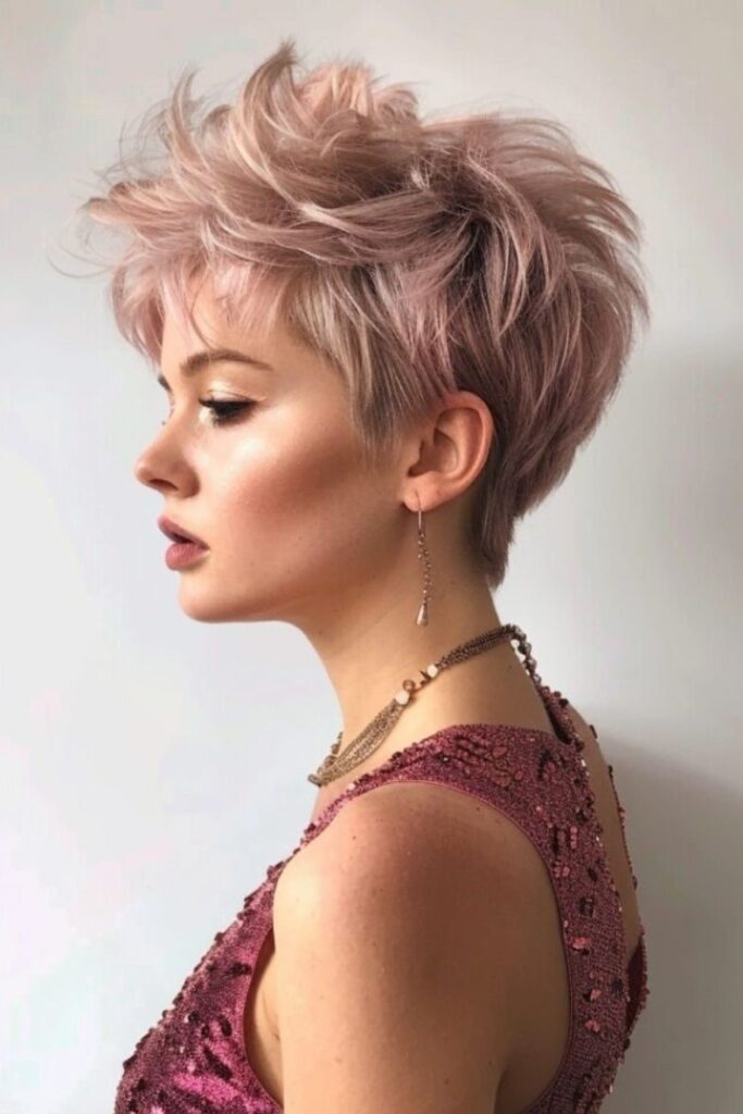 Soft Rose Gold Textured Pixie with Layered Crown and Wispy Bangs