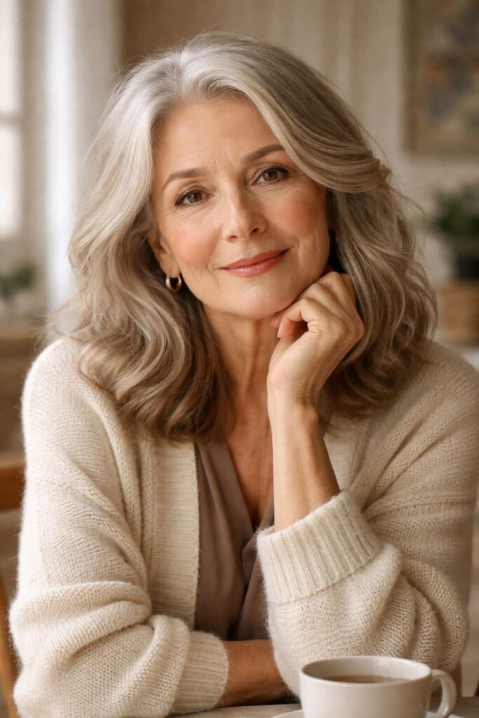 Soft Silver-Grey Layered Bob with Gentle Face-Framing Waves