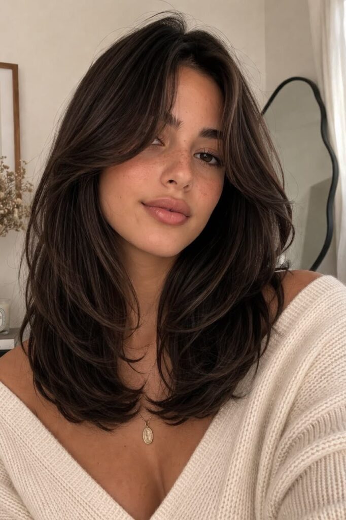 Soft Voluminous Layers with Face Framing Curtain Bangs