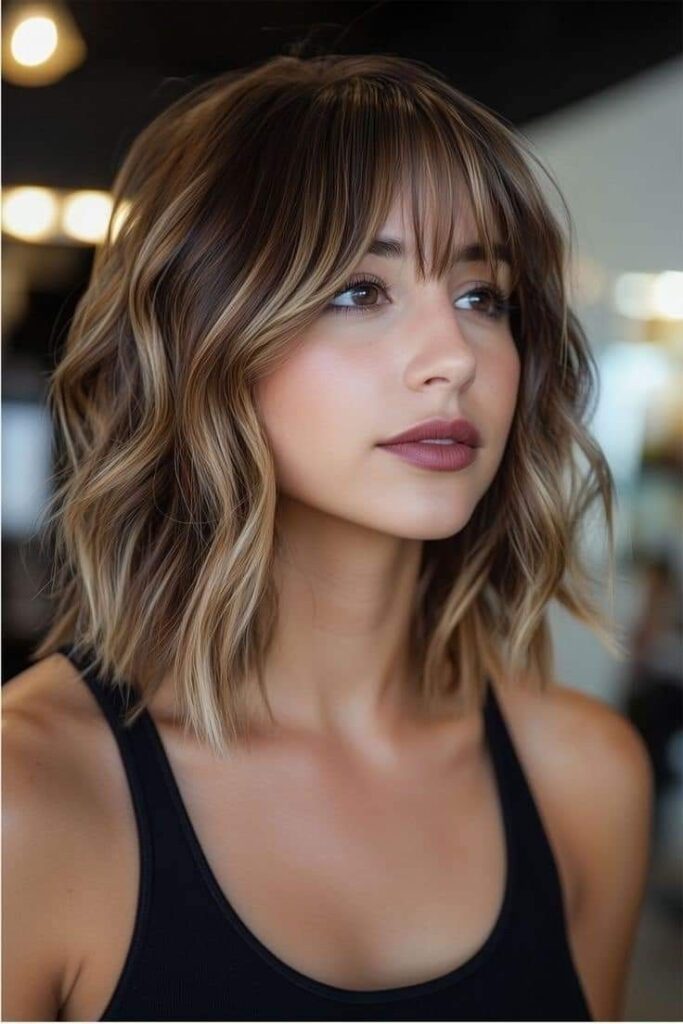 Soft Wavy Bob with Subtle Highlights and Wispy Bangs