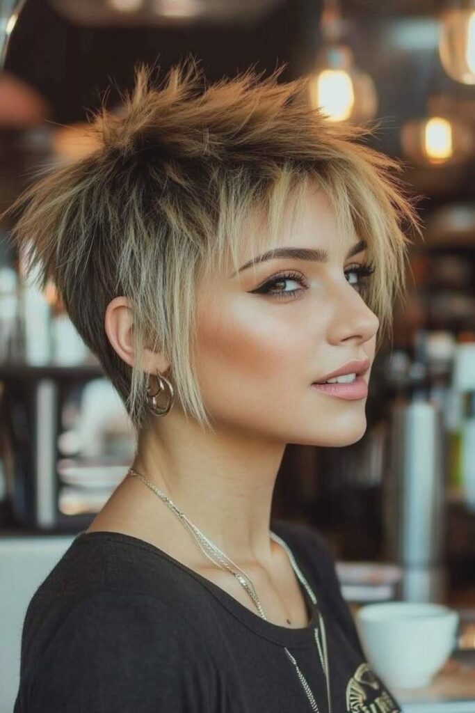 Spiky Layered Pixie Cut with Blonde Highlights and Side Pieces