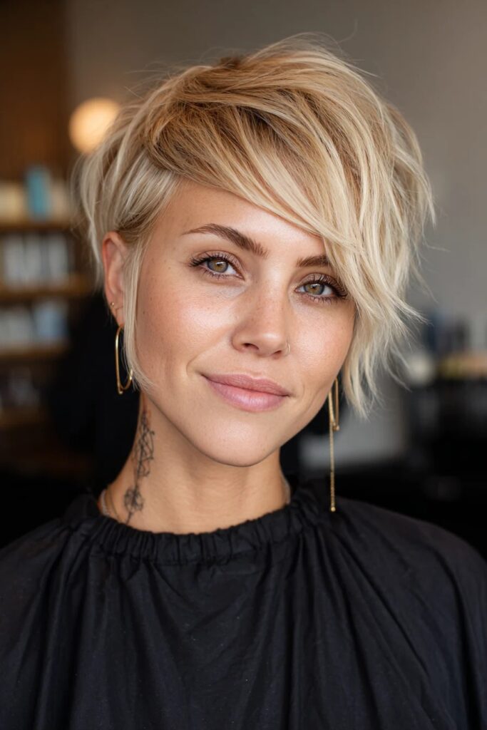 Textured Blonde Pixie Bob with Side-Swept Bangs