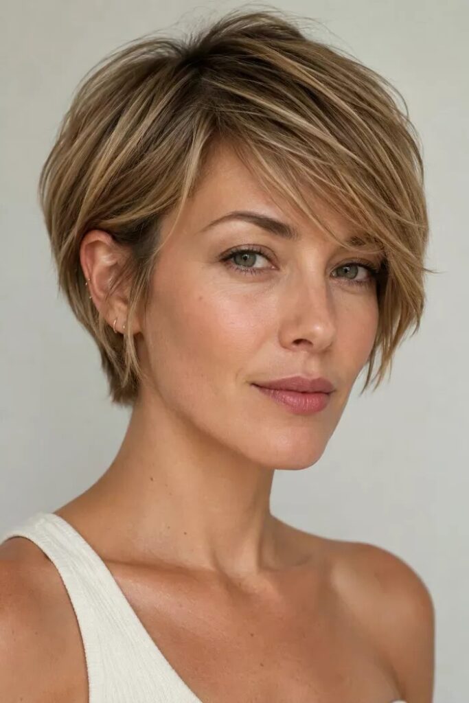 Textured Blonde Pixie Cut with Side-Swept Bangs