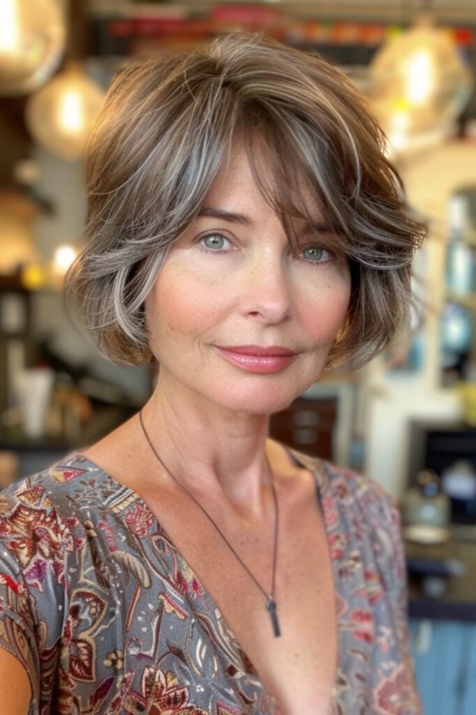 Textured Bob with Highlights and Soft Curtain Bangs