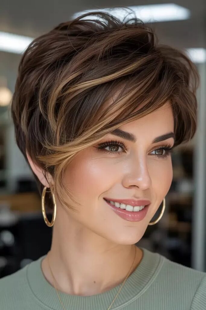 Textured Brunette Pixie Cut with Honey Blonde Highlights and Side-Swept Bangs